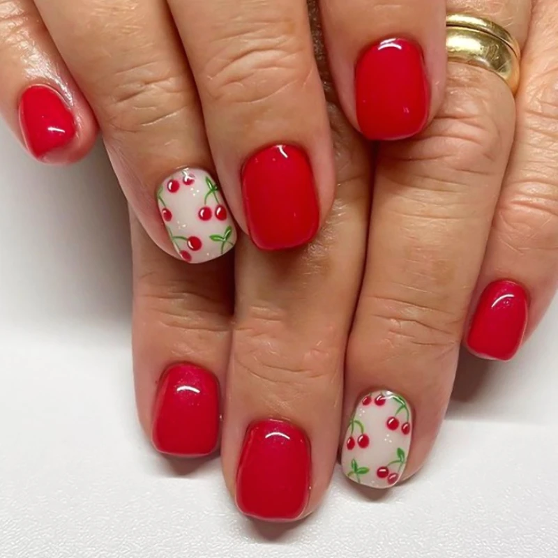 

Lovely Cherry Solid Color Red Nail Art Wearable Fashion Short Square Fake Nails Detachable Finished False Nails Press on Nails