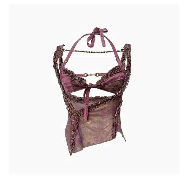 OPEN AESTHETIC original design printing lace patch pink tank women sexy summer gothic tube top two pieces top cute spaghetti