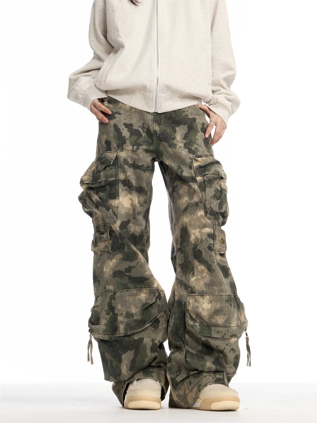 

Retro Heavy Duty Camouflage Loose Leggings Women's Multi-Pocket Design Trendy Wide Leg Workwear Trousers Casual Cotton Pants