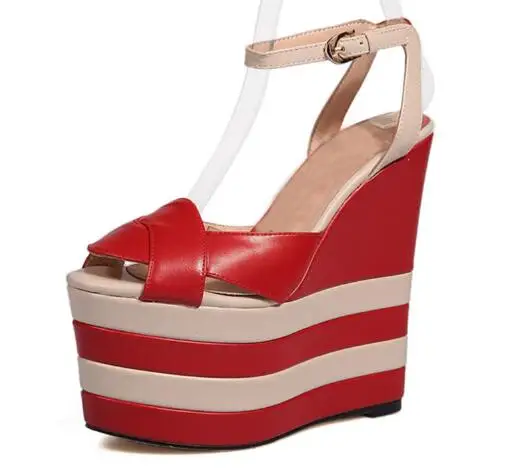 Red White Stripe Super Platform High Wedges Ankle Buckle Summer Sandals Women Leather Cuts Out Peep Toe Leisure Slingback Shoes