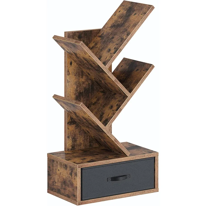 رف كتب مع درج، 4 أرفف شجرة، أرفف كتب خشبية، رف تخزين أقراص مضغوطة/أفلام/كتب، خزانة كتب بنية ريفية، Util