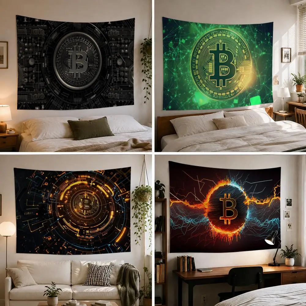 Golden Bitcoin Art Tapestry Custom Living Bedroom Party Dormitory interior Wall bohemian Decoration Attached clip