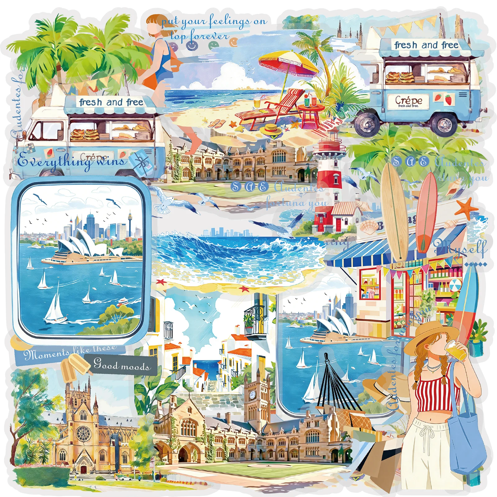 Etori Life 15Pcs Summer Beach Vacation Pet Stickers Surfing Girl Lighthouse Building Journal Collage Material Suitable for Laptops, Phone Stickers, Suitcases, Budget Planners, Pen Holders, Pencil Cases, Postcards and Envelopes, Bicycles, Helmets, School Supplies, Craft Scrapbook Supplies, Office Decorations, Room Decorations, Party Decorations, Back-To-School Season