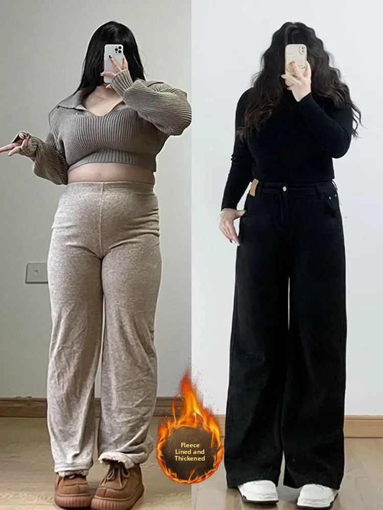 

Black Fleece Lined Thick Straight Leg Jeans Women's Autumn Winter plus Size Loose Slimming Wide Leg Pants Casual High Waist D...