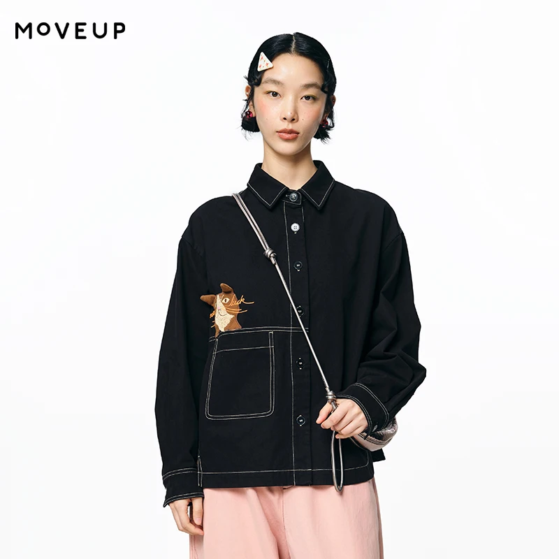 Рубашка с длинными рукавами MOVEUP для повседневной носки, осенняя, с ярким принтом, вышивкой в виде мультяшного кота, к