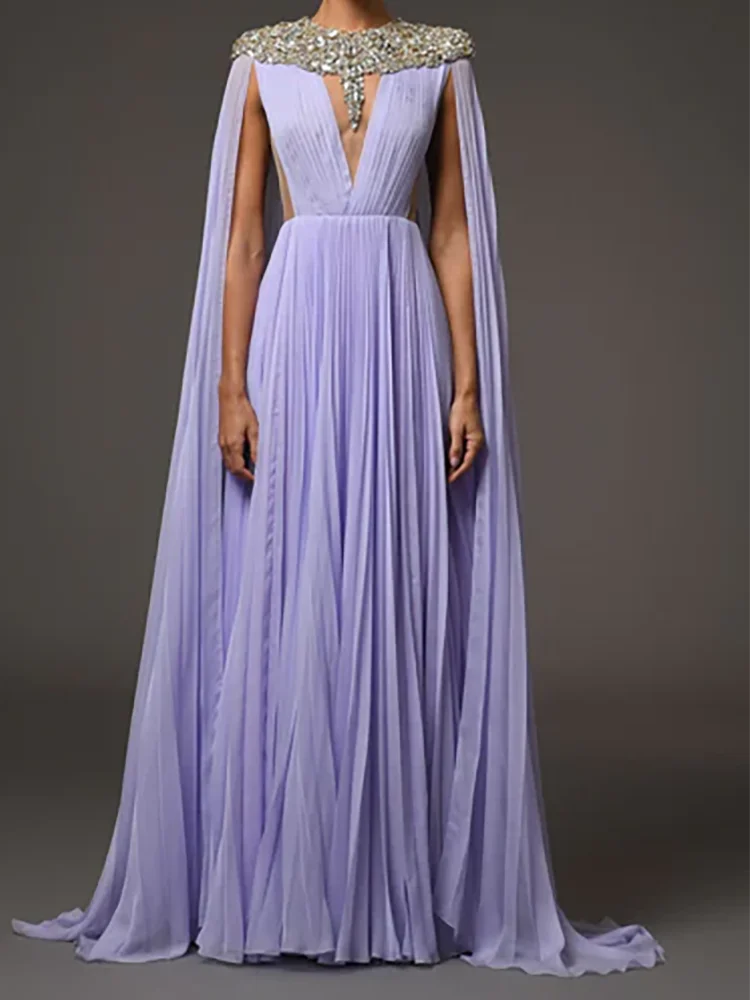 فساتين سهرة رسمية مستقيمة من الشيفون بأكمام كاب أرجوانية أنيقة لحفلات أعياد الميلاد حسب الطلب #1