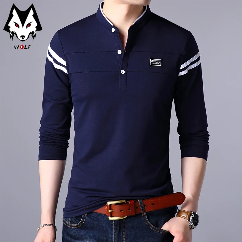 Men\'s Fashion Summer Long Sleeved POLO T-shirt Casual Cotton Breathable Top Stand Up Neck Long Sleeve Korean Comfortable Shirt