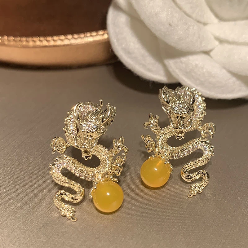 Mythischer chinesischer Drache, mit Zirkonia besetzt, Tropfenohrringe, silberfarben, gelb, künstliche Perle, Schmuck für den täglichen Gebrauch