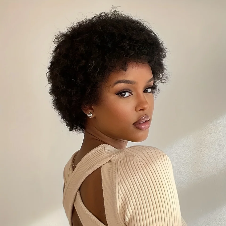 Short Afro Kinky Curly Human Hair Wig for Women Fluffy Hair Short Pixie Curly Retro Style Glueless Human Hair Wigs 6inch hair