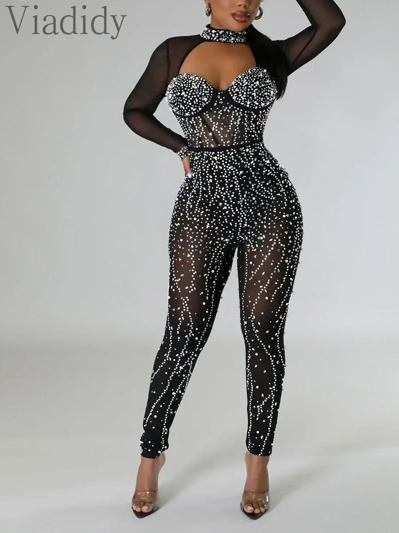 

Sexy Solid Color See Through Sheer Mesh Embroidered Flares Rhinestone Decor Skinny Jumpsuits