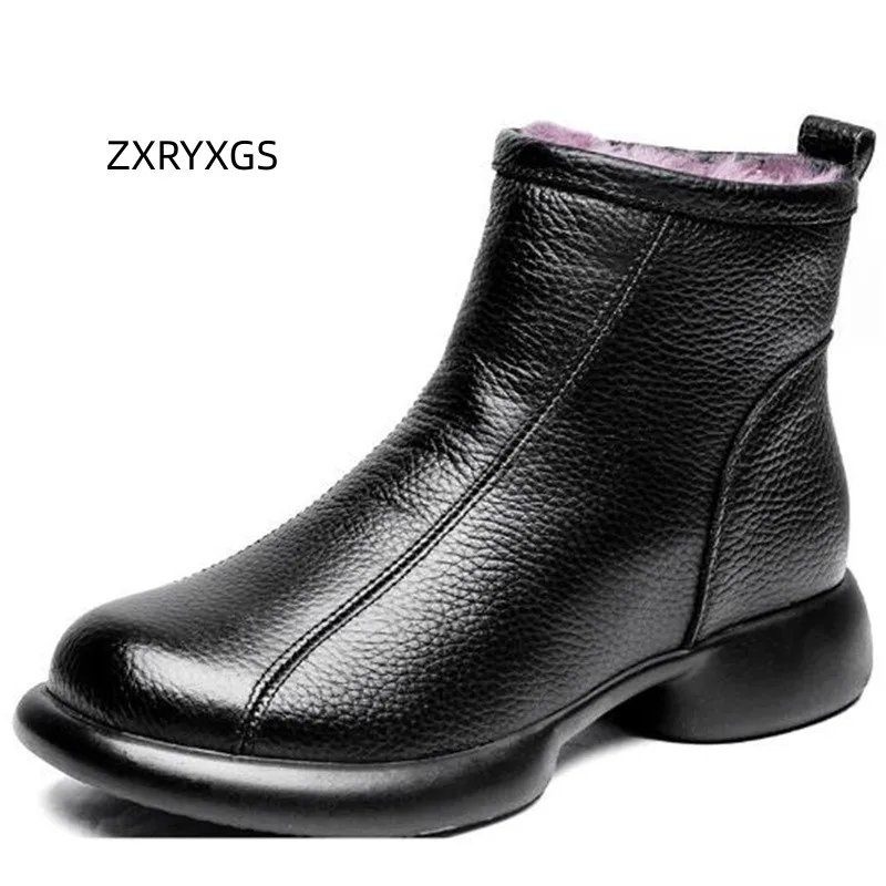 ZXRYXGS Top Layer Cowhide Wool Boots Warm Comfortable Snow Boots 2024 Winter Round Toe Non-slip Women Leather Boots Low Heels