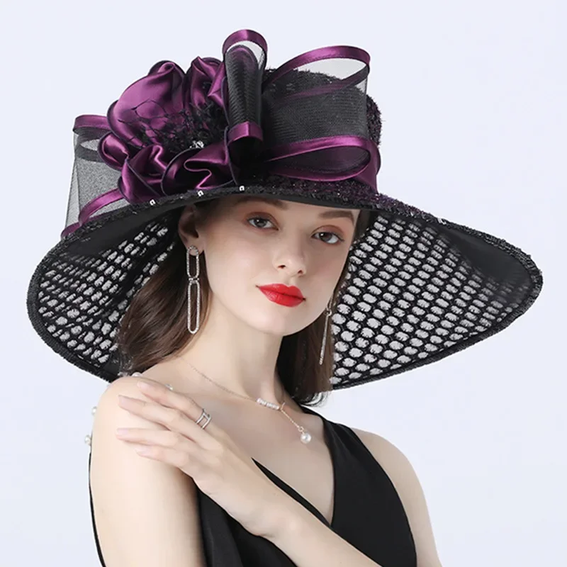 Women Wide Brim Flower Mesh Sun Hat Lady Bow Summer Beach Hat Church Derby Dress Fascinator Bridal Hat Party Wedding Hat