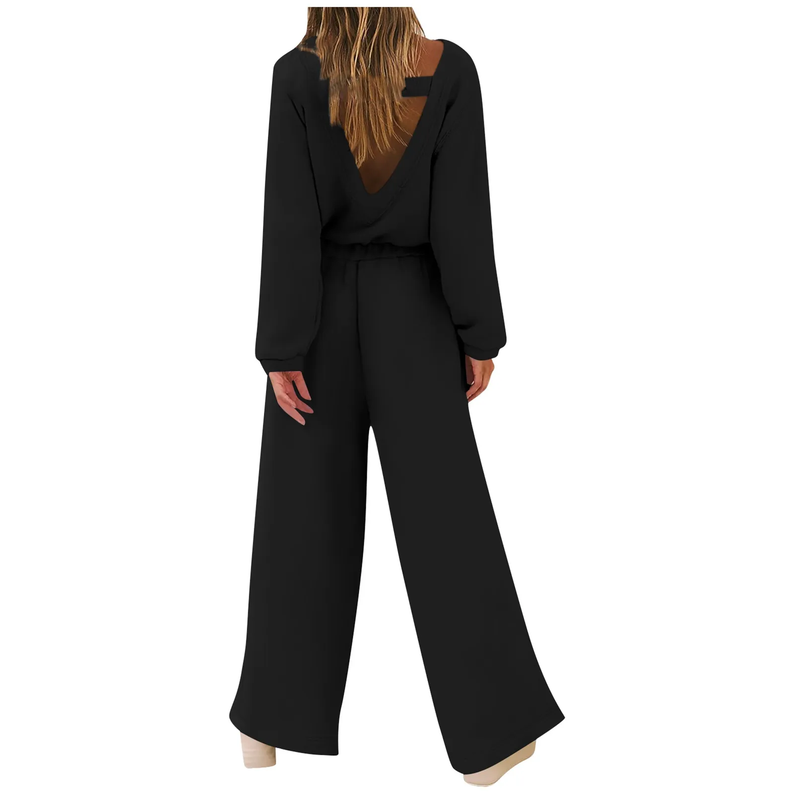 Casual Elastic Waist Comfy Jumpsuits Women Fashion Sporty Long Sleeve Jumpsuits Solid Color Backless Loose Fit Jumpsuit Set