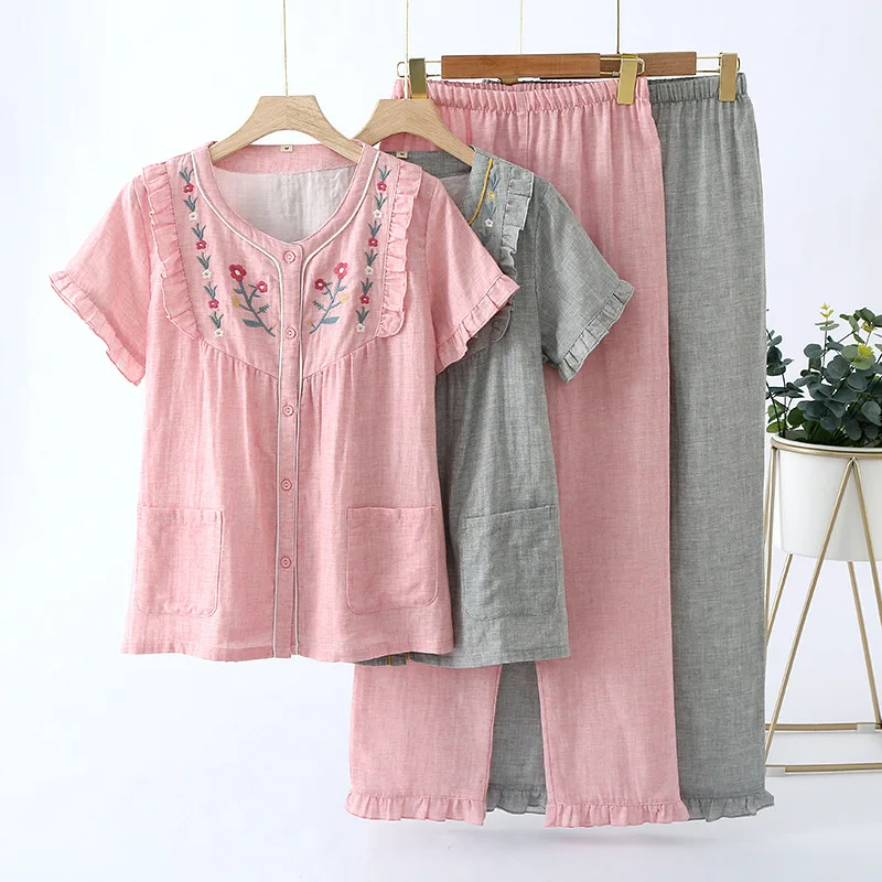 Sweet Princess Style Women's Embroidery Cotton Gauze Pajama Set, Summer Short Sleeve Long Pants Loungewear, Thin Breathable