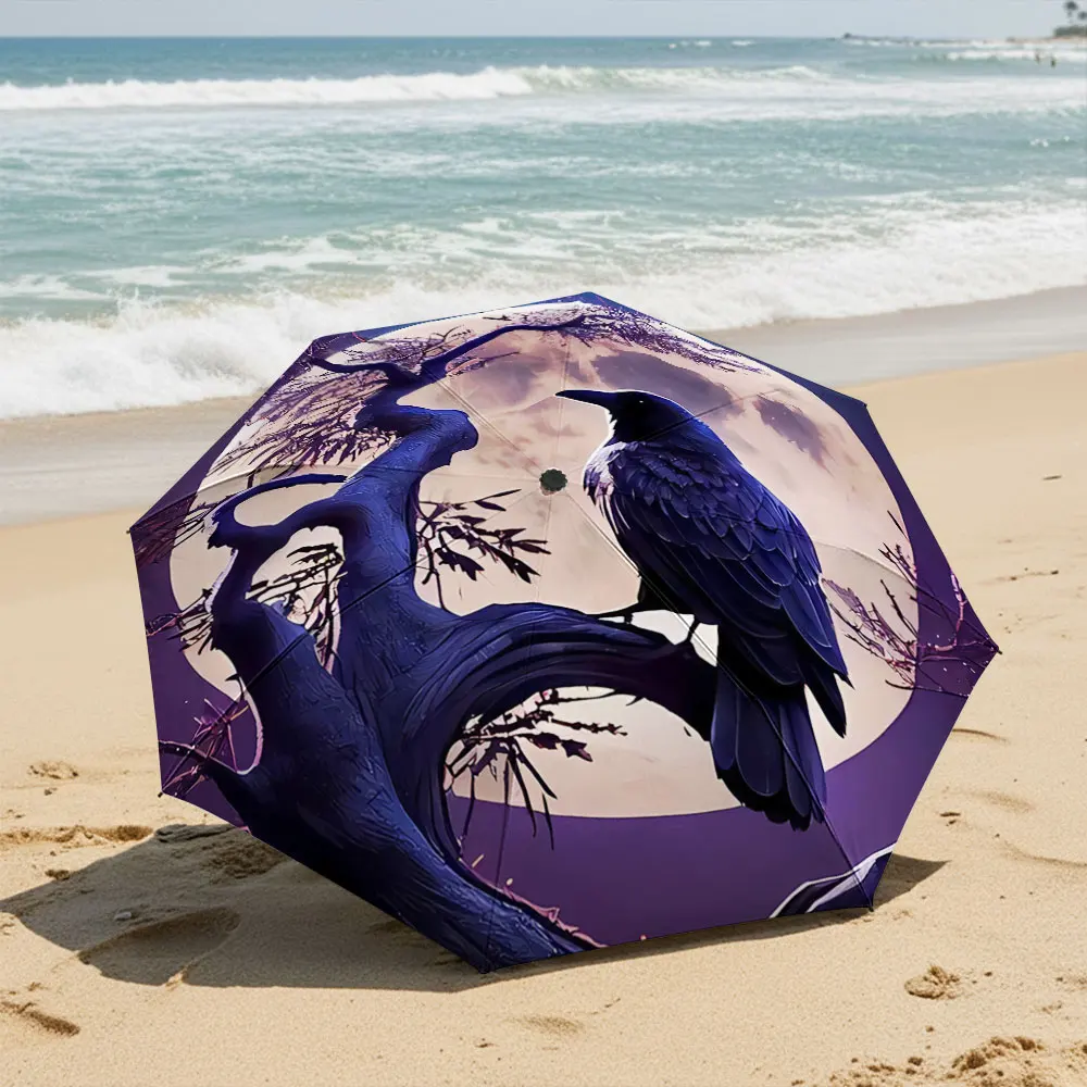 Mystical Crow and Full Moon Umbrella Design Compact Fashion Folding Umbrella for Daily Use, Christmas Gift
