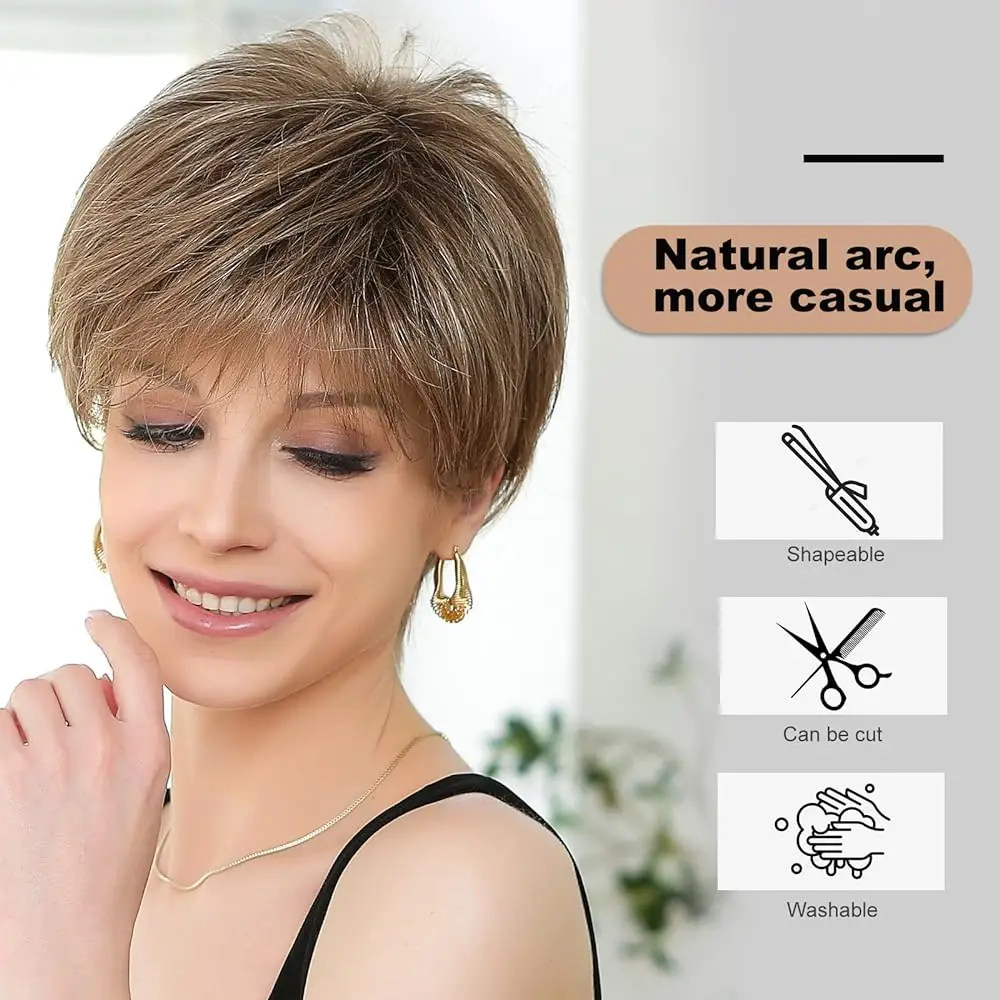 Light Brown Short Pixie Cut Bob Wigs for Women Short Straight Women Daily Wigs with Bangs Kanekalon Memory Fiber Heat Resistant