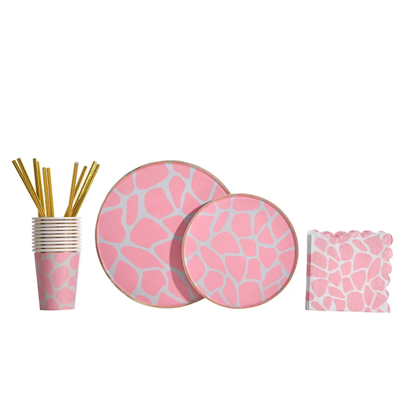 

10Guests Pink Giraffe Print Disposable Tableware Animal Stripe Plates Kids Girls Happy Jungle Safari 1st Birthday Party Supplies