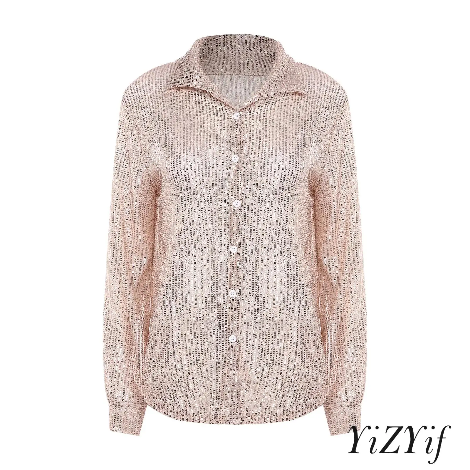 

Womens Shiny Sequined Mesh See Through Shirt Lapel Long Sleeve Button-down Blouse Cardigan Cover-up Top for Party Casual Raves