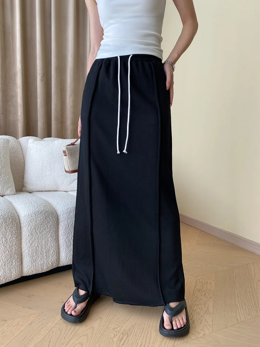 Hirsionsan High Waist Cotton Skirt Women 2023 New Autumn Lady Basic Midi Skirt Chic Soft Elegant Glossy Long Black Grey Skirt