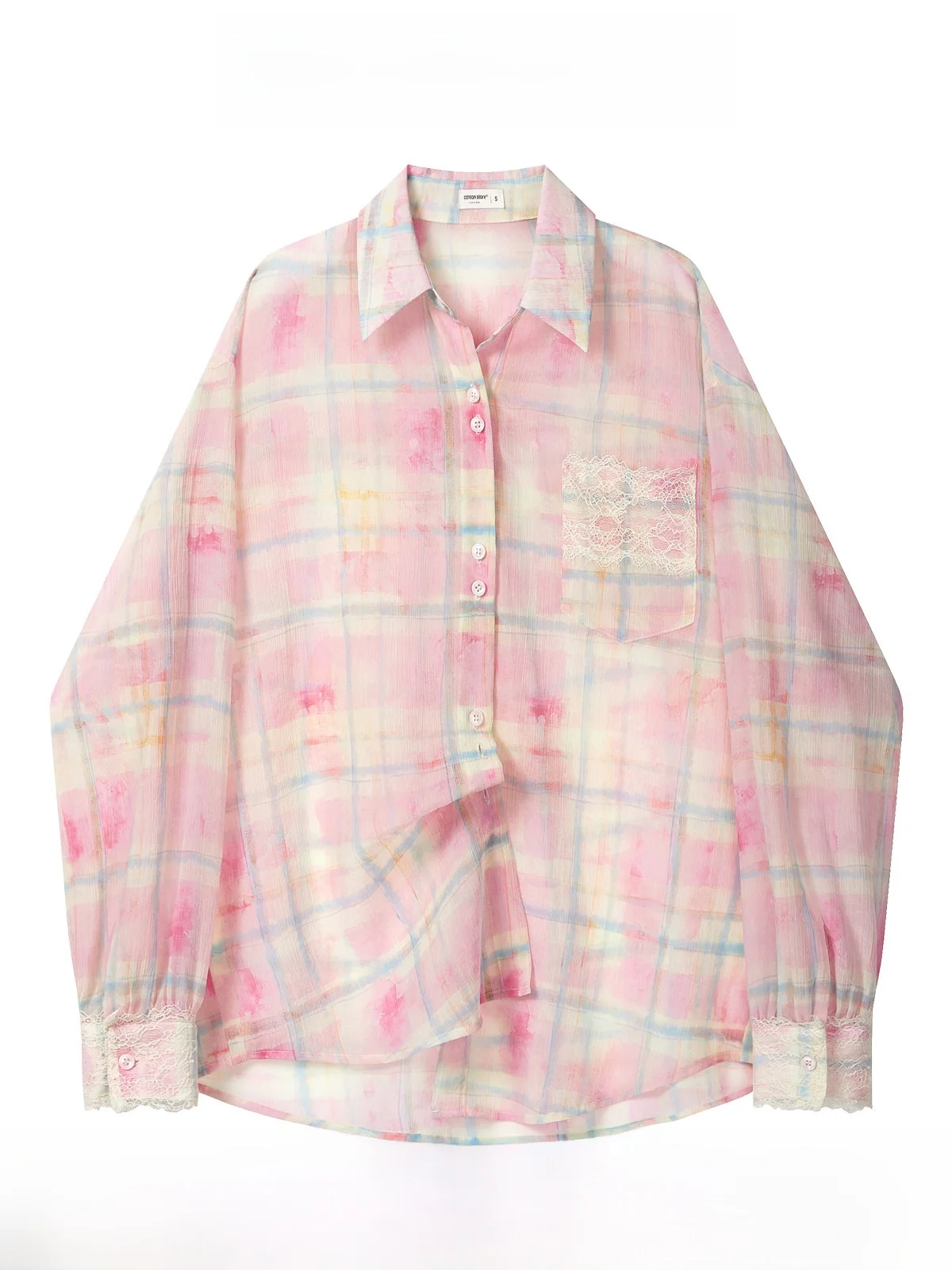 

Pink Lace Print Long Sve Light Weight Sun Protection irt Women's Loose Fit Commute Sle Korean Version Polyester Nylon ...