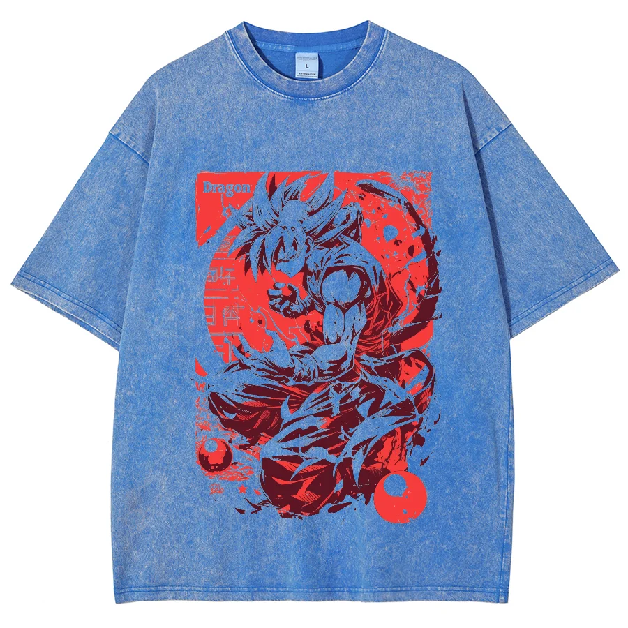 Red Hot Blooded Cartoon Anime Character Print T-Shirt Unisex Crew Neck Wash Oversized Short Sleeve Fashion High Quality Top Tee