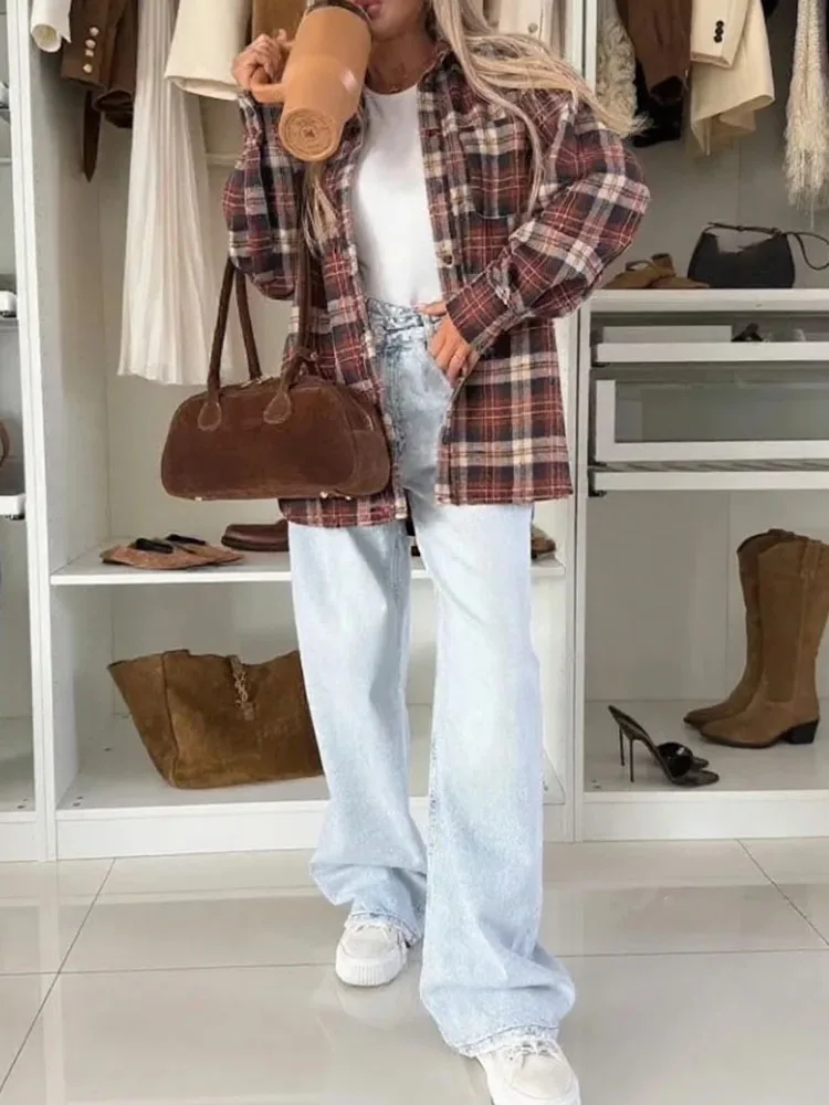 

Весенне-осенние блузки на пуговицах с отложным воротником, женские элегантные офисные рубашки с клетчатым принтом, повседневные уличные топы с длинными рукавами, кардиганы