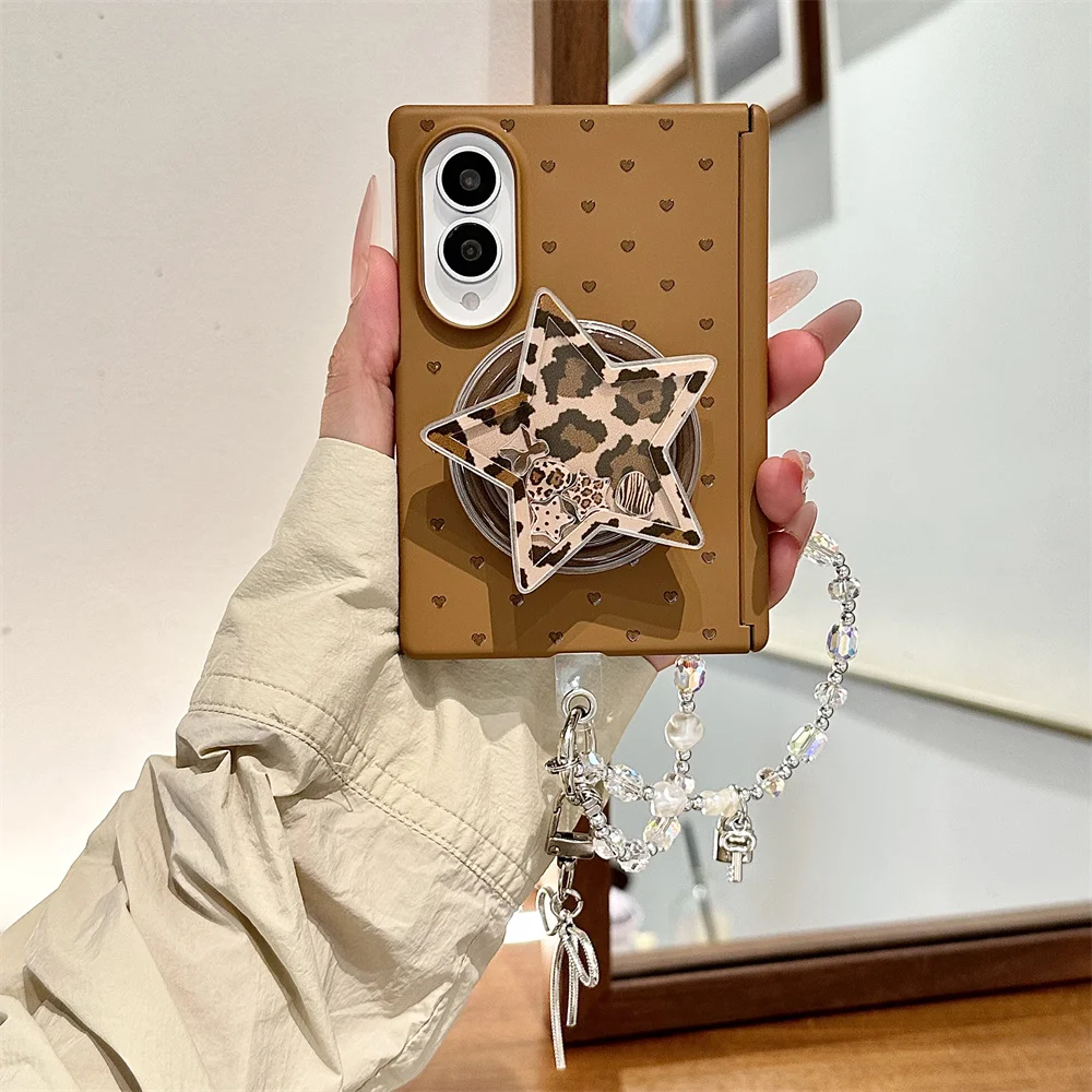 Caramel Brown Phone Case For Samsung Galaxy Z Fold8 Leopard Star Mirror Bracket Crystal Bead Wrist Strap Hinge Foldable Shell