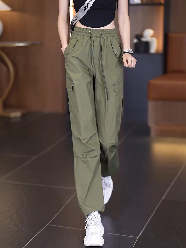 

Американские рабочие брюки в стиле милитари, зеленые, с высокой талией, прямые, повседневные, спортивные, для женщин, летние, тонкие, новые, маленький размер