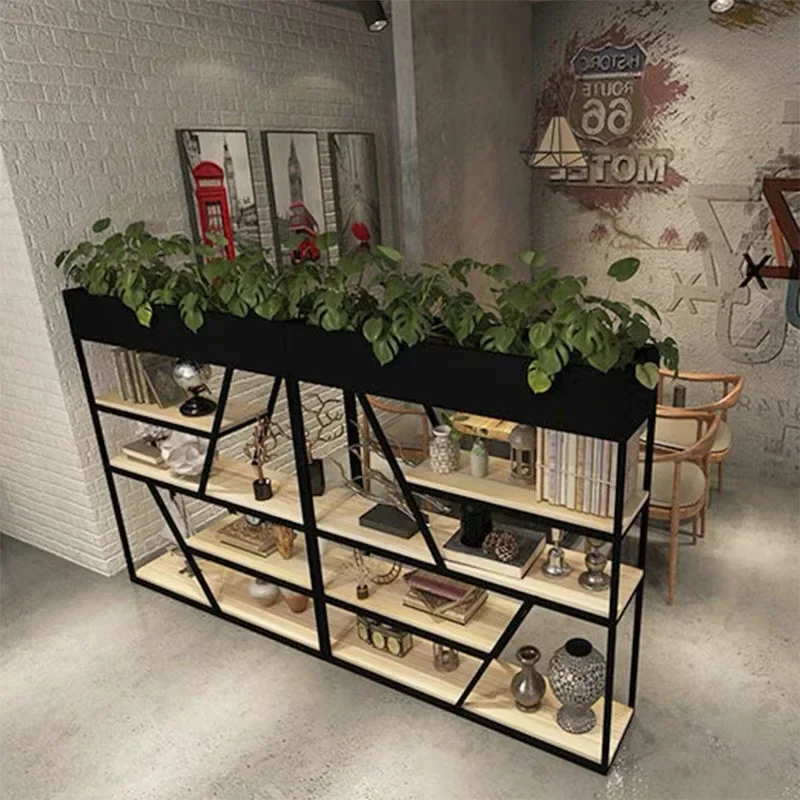 The office iron storage rack is simple, modern, and decorated with green plant partitions in the hallway of the restaurant