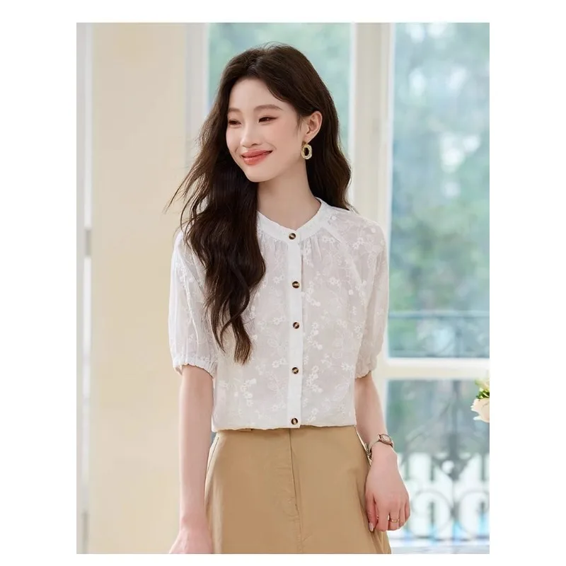 Women's White Embroidered Short Sleeve Stand Collar Blouse Pure Cotton Soft Top