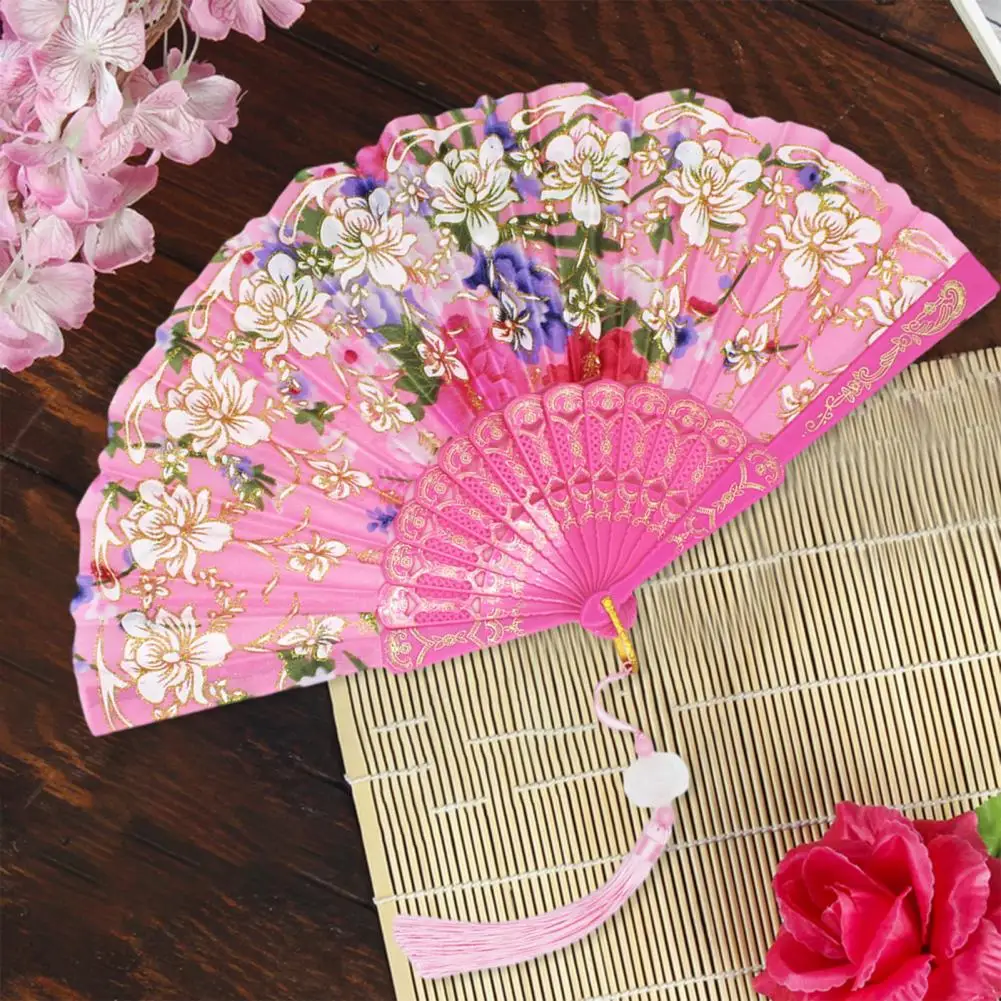 2023 Vintage Silk Fan Floral Pattern Decorative Wedding Party Chinese Japanese Bamboo Tassel Fan Dance Hand Fan abanico de mano