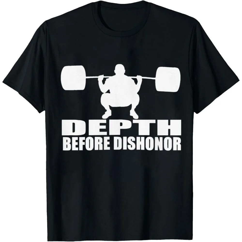 T-shirt « Depth Before Dishonor » avec silhouette d'haltère pour l'haltérophilie, tee-shirt graphique à manches courtes, hauts décontractés amusants pour l'entraînement