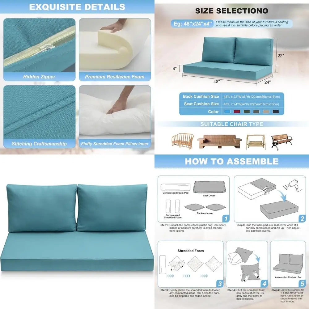 Waterproof Outdoor Loveseat Cushions, 48x24x4 Fade-Resistant Set for Patio Furniture