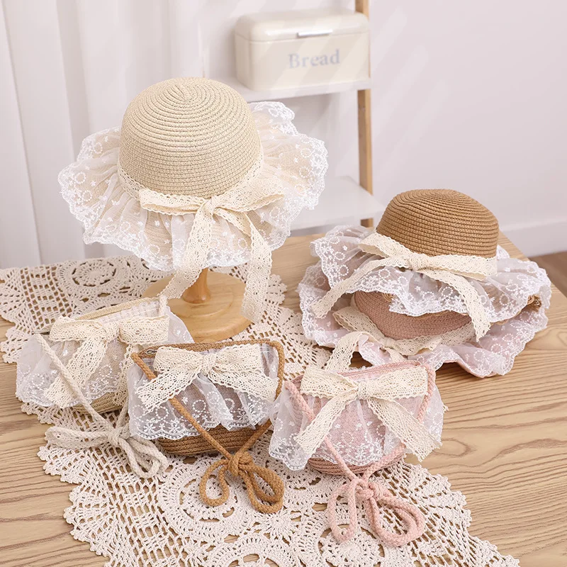 Baby Girls Straw Hat And Shoulder Bag Set Summer Fashion Beach Bucket Cap Parent-Child Wide Brim Lace Holiday Beach Sun Hats