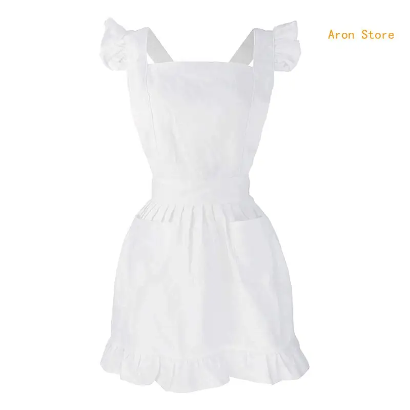 

Womens Girls Outline Retro White Apron with Pockets Adjustable Victorian Bib Maid Cosplay Kitchen Baking Costume H3CF