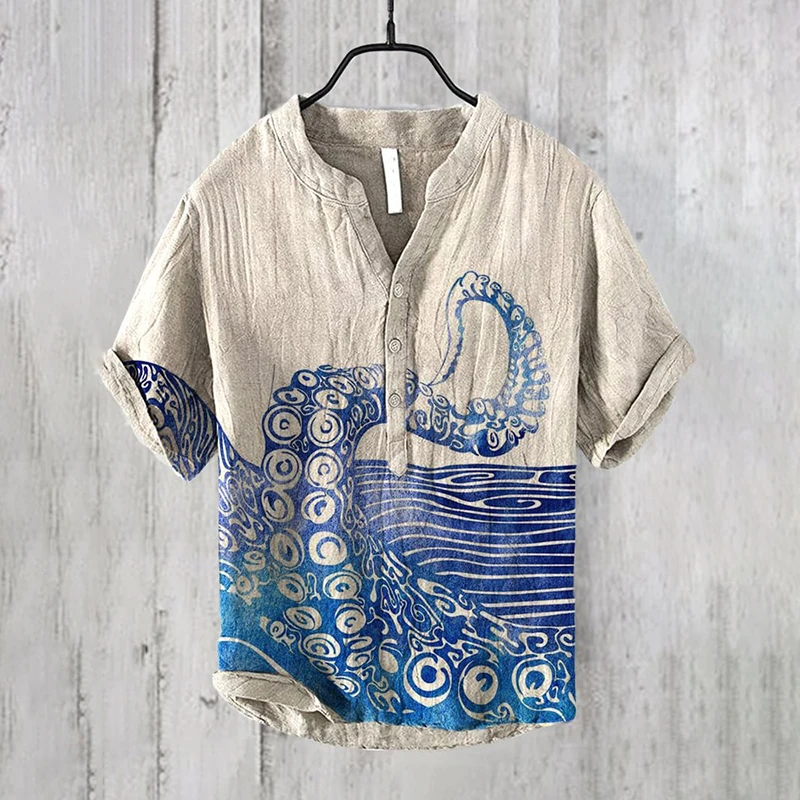 

Cross-border foreign trade men's summer 3D printed octopus print shirt casual loose linen short-sleeved shirt T-shirt