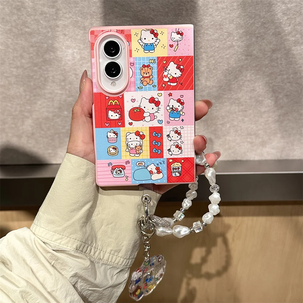 Korea Cute Fashion Hello Kitty  Foldable Phone Case For Samsung Galaxy Z Fold 8 Solid Plain  Hinge Hard Cover Chain Cases