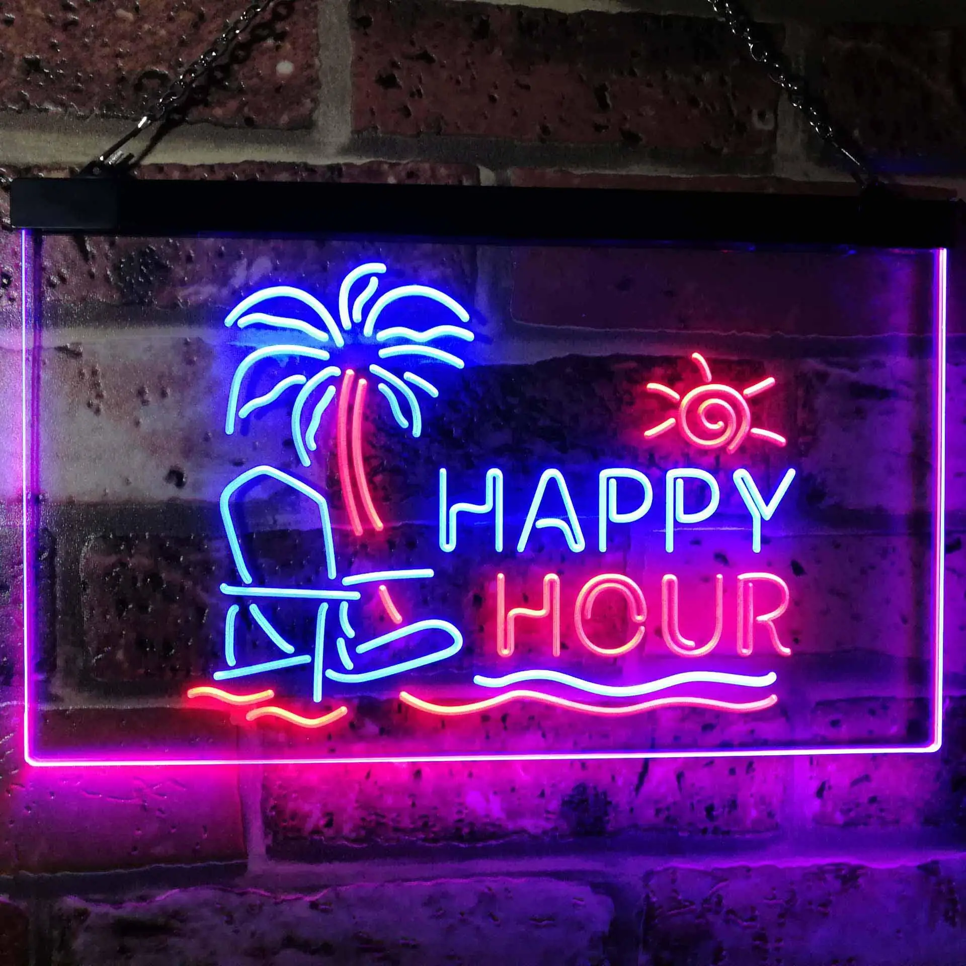

Happy Hour. Beach Sun Palm Tree Dual Color Led Neon Sign st6-I2558
