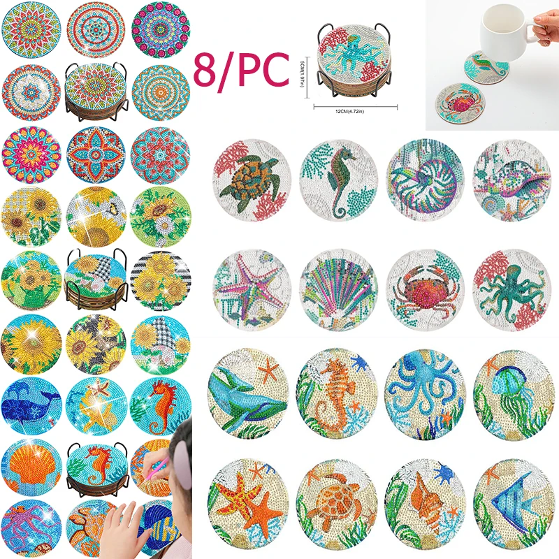 8Pcs Diamond Painting Coasters for Drinks DIY Life Coaster Diamond Art Kits for Adults Kids Beginners Diamond Art Craft Supplies