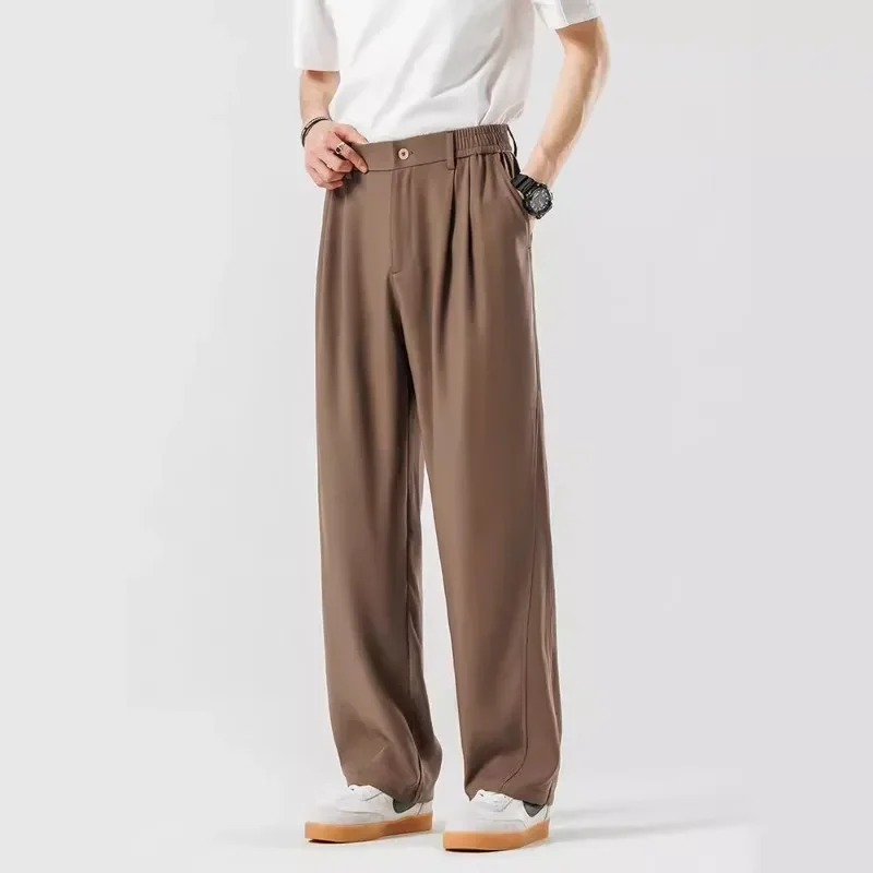 Men's Summer Slim Ice Silk Loose Hanging Casual Suit Pants with A Sense of Brown Luxury Straight Leg Long Pants Men Clothing