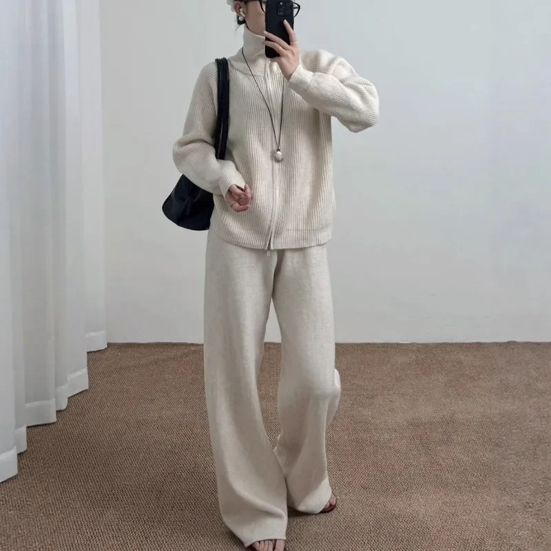 

Женский свитер на молнии с длинными рукавами, кардиган, повседневные брюки, вязаная одежда, комплекты женских брюк, корейский модный вязаный комплект из двух предметов
