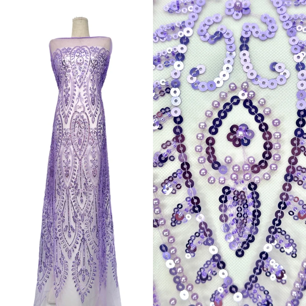 

African Lace Fabric 2026 High Quality 5 Yards Beaded Lace Fabric Luxury Sequence Lace Fabric For Evening Dress