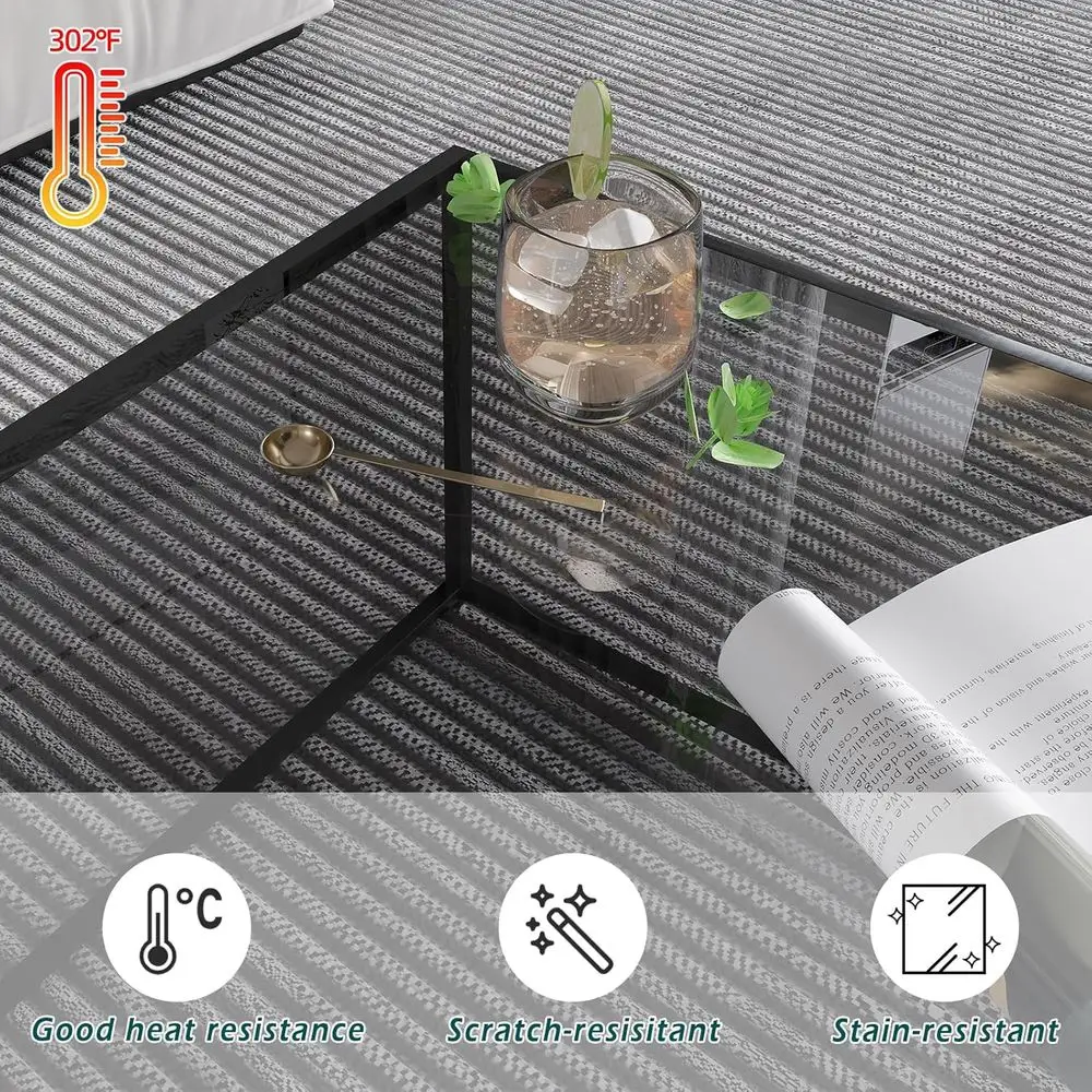 طاولة قهوة زجاجية مربعة حديثة لمساحات المعيشة الصغيرة، إطار معدني، سهلة التجميع، 26.4 × 26.4 × 15.7 بوصة، رمادي أسود #3