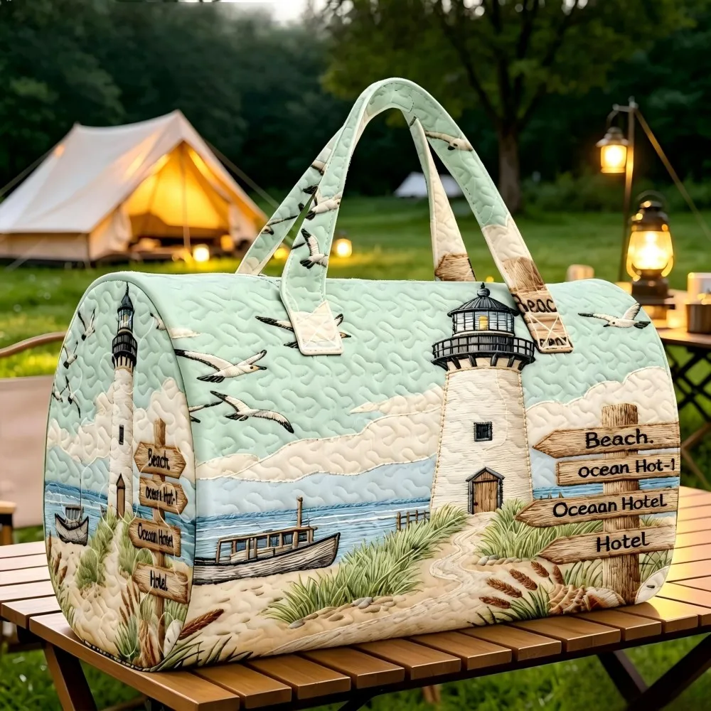 Seaside Lighthouse Beach Quilt Bag, American New Style, Suitable for Women, Large Capacity Portable Travel and Vacation Tote Bag
