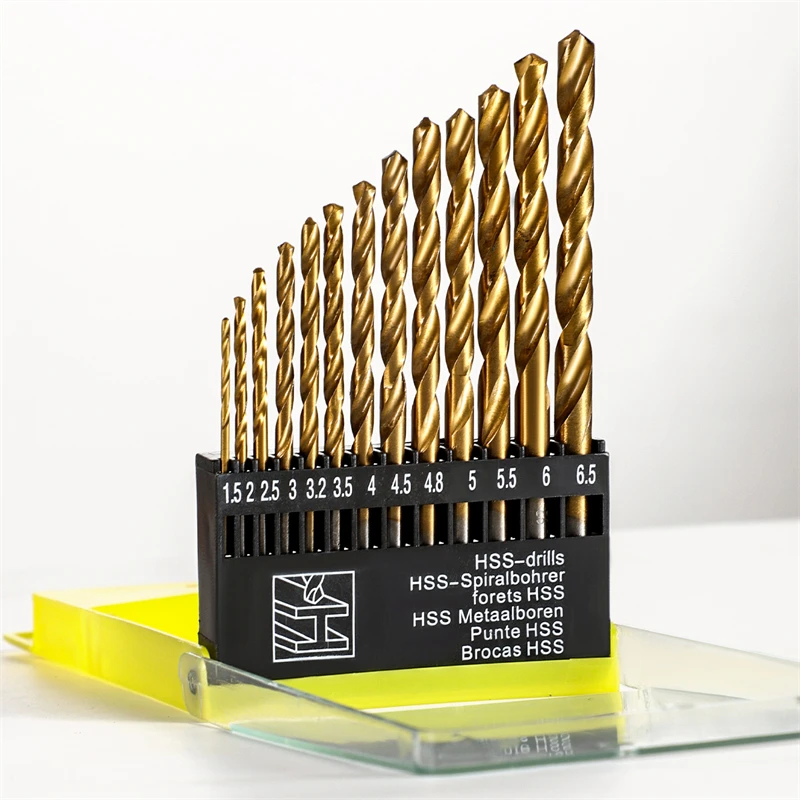 13pcs 1.5-6.5mm Twist Drill Bit Set HSS Titanium Coated Round Shank Punch Hole Tool Core Woodworking Tools Hard Metal Drill Bits