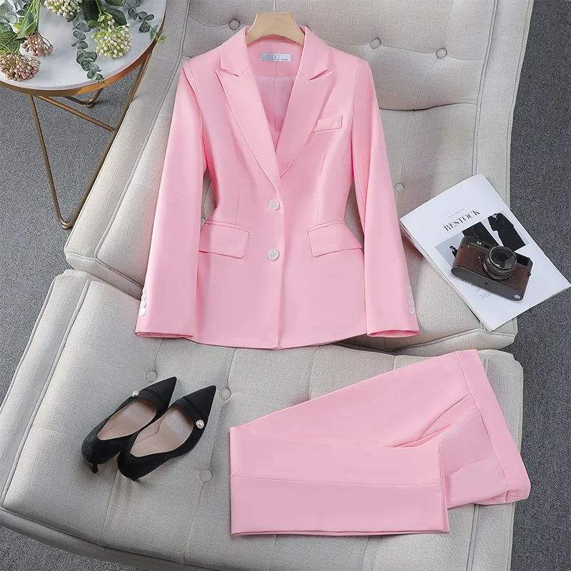 Blue Women\'s Suit Blazer Pants Businss Casual Office Lady Pant Sets Single Breasted Jacket 2 Piece for Graduation Outfits