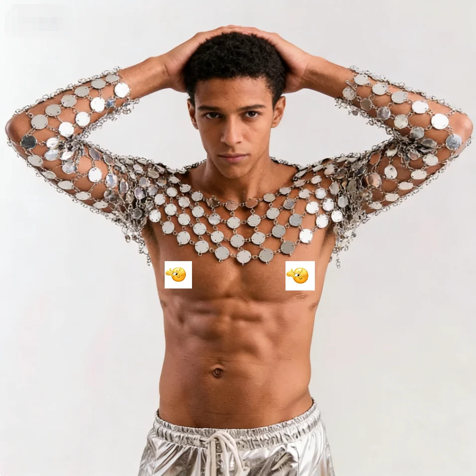 Glitter Metallic Disc Body Chain Top for Men Hollow Out Crystal Mesh Shrug for Stage Performance Clubwear