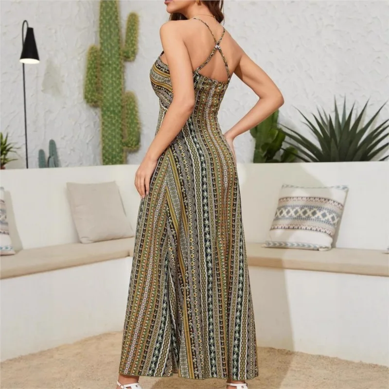 Abito sexy da donna con motivo estivo senza schienale e coscia divisa da donna Boho Fashion con volant e maxi abiti per le vacanze al mare