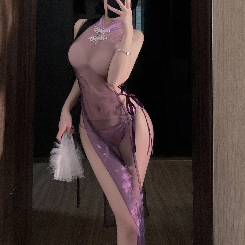 

Large Size Anime Sakura Cheongsam Women Sexy Strap Qipao Unform Mesh Transparent High Split Dress Purple Qipao Erotic Lingerie