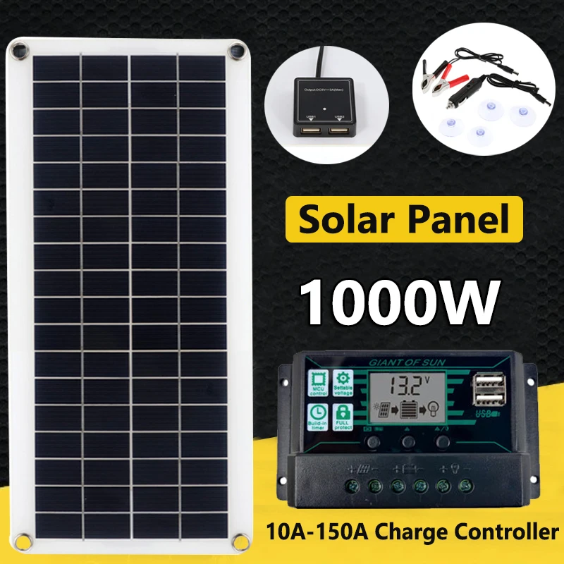 1000W Solar Panel 12V Solar Cells 60A 150A Controller Solar Plate Kit for Phone RV Car MP3 PAD Camping Outdoor Battery Supply